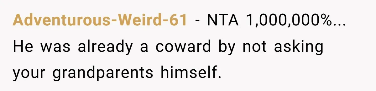 A Teen’s Lodge Trip Sparks a Major Holiday Crisis with Her Blended Family Adventurous-Weird-61 − NTA 1,000,000%... He was already a coward by not asking your grandparents himself.