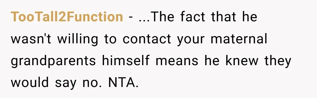 A Teen’s Lodge Trip Sparks a Major Holiday Crisis with Her Blended Family TooTall2Function − ...The fact that he wasn't willing to contact your maternal grandparents himself means he knew they would say no. NTA.