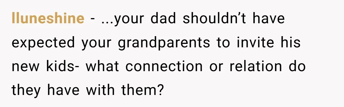 A Teen’s Lodge Trip Sparks a Major Holiday Crisis with Her Blended Family lluneshine − ...your dad shouldn’t have expected your grandparents to invite his new kids- what connection or relation do they have with them?