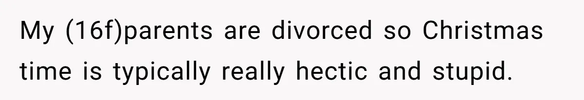 A Teen’s Lodge Trip Sparks a Major Holiday Crisis with Her Blended Family My (16f)parents are divorced so Christmas time is typically really hectic and stupid.