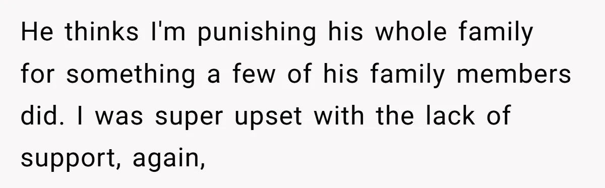 He thinks I'm punishing his whole family for something a few of his family members did. I was super upset with the lack of support, again,