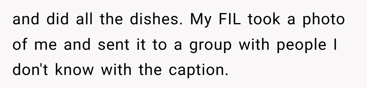 and did all the dishes. My FIL took a photo of me and sent it to a group with people I don't know with the caption.