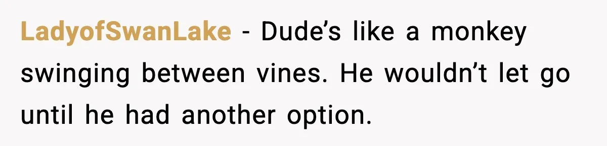 BF Asked for Freedom, Then Got Mad When It Didn’t Work Out LadyofSwanLake - Dude’s like a monkey swinging between vines. He wouldn’t let go until he had another option.