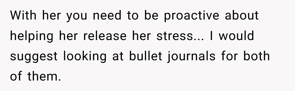 Identical Twins, Not-So-Identical Lives: When Animal Crossing Triggers a Family Explosion With her you need to be proactive about helping her release her stress... I would suggest looking at bullet journals for both of them.