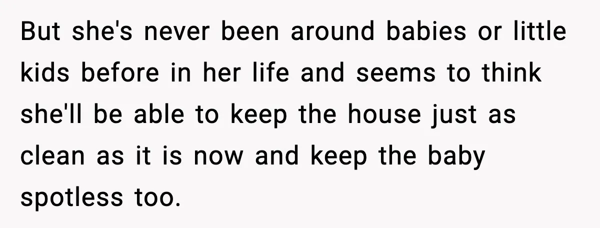 But she's never been around babies or little kids before in her life and seems to think she'll be able to keep the house just as clean as it is...