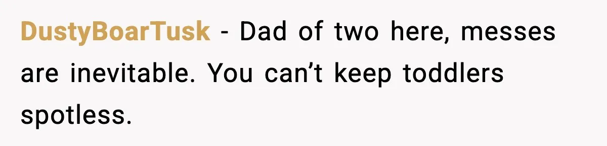 DustyBoarTusk - Dad of two here, messes are inevitable. You can’t keep toddlers spotless.
