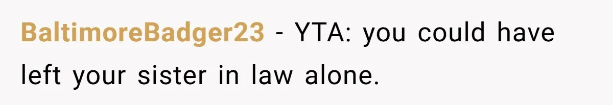 BaltimoreBadger23 − YTA: you could have left your sister in law alone.