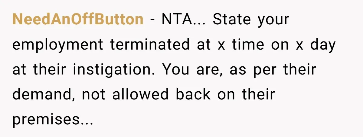 Company Fired the Only Employee Who Knew How to Run Their Payroll System NeedAnOffButton − NTA... State your employment terminated at x time on x day at their instigation. You are, as per their demand, not allowed back on their premises...