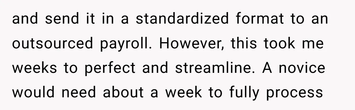 Company Fired the Only Employee Who Knew How to Run Their Payroll System and send it in a standardized format to an outsourced payroll. However, this took me weeks to perfect and streamline. A novice would need about a week to fully process
