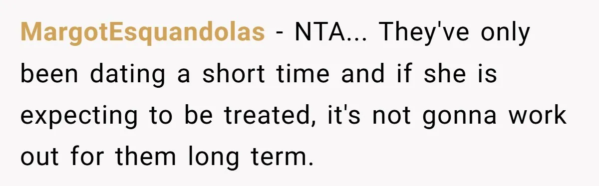 "Our Men Have Got This": The Five Words That Ended a Two-Month Relationship MargotEsquandolas − NTA... They've only been dating a short time and if she is expecting to be treated, it's not gonna work out for them long term.