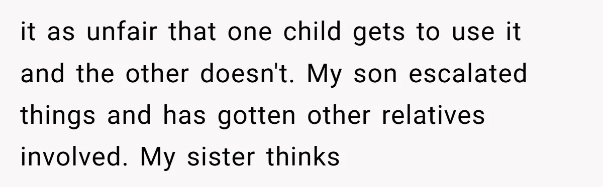 it as unfair that one child gets to use it and the other doesn't. My son escalated things and has gotten other relatives involved. My sister thinks