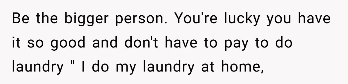 Be the bigger person. You're lucky you have it so good and don't have to pay to do laundry " I do my laundry at home,