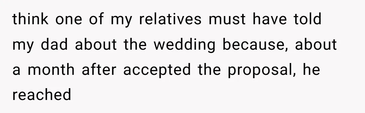 A Dad Who Kicked His Daughter Out at Eighteen Now Wants to Lead Her Down the Aisle think one of my relatives must have told my dad about the wedding because, about a month after accepted the proposal, he reached