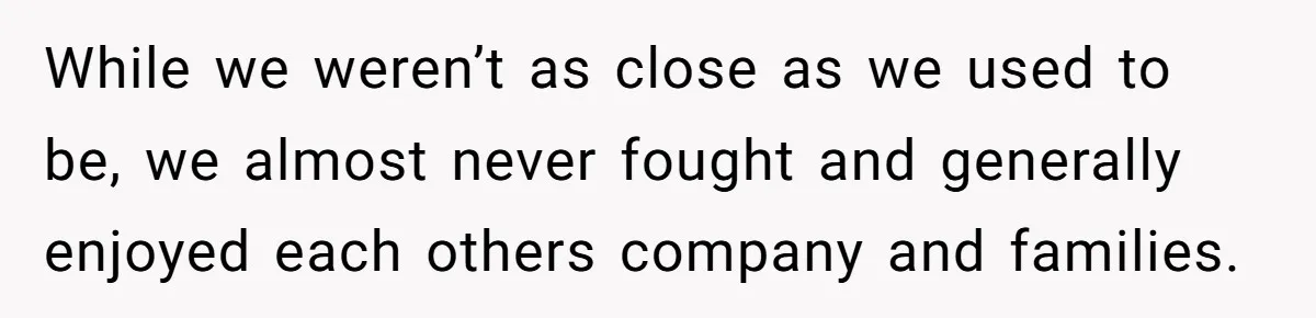 While we weren’t as close as we used to be, we almost never fought and generally enjoyed each others company and families.