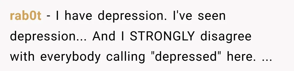 rab0t − I have depression. I've seen depression... And I STRONGLY disagree with everybody calling "depressed" here. ...