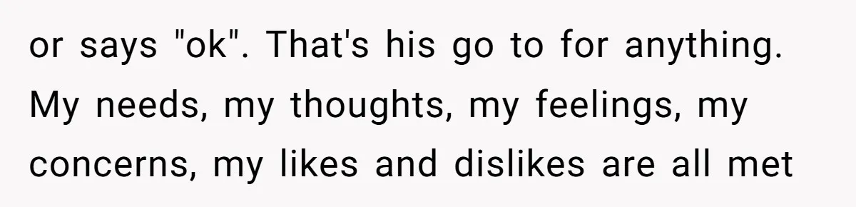 or says "ok". That's his go to for anything. My needs, my thoughts, my feelings, my concerns, my likes and dislikes are all met