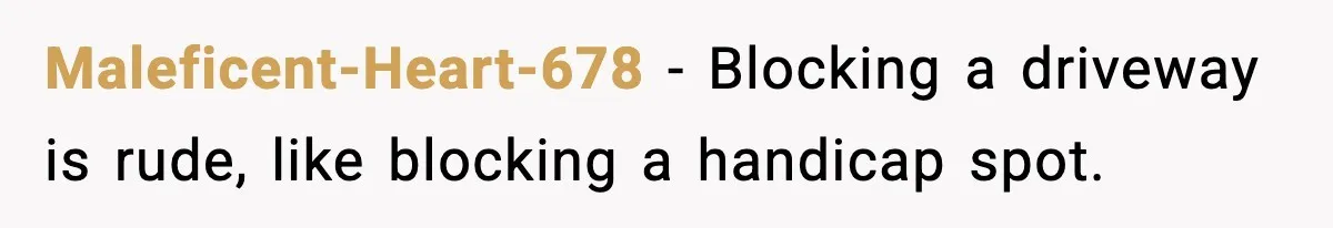 Maleficent-Heart-678 - Blocking a driveway is rude, like blocking a handicap spot.