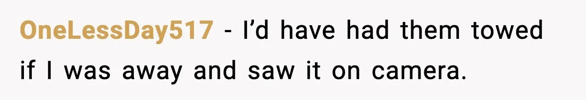 OneLessDay517 - I’d have had them towed if I was away and saw it on camera.