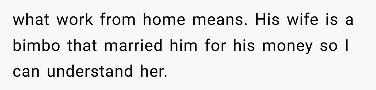 Husband Rents an Entire Airbnb Just to Escape the Interruptions of His Visiting In-Laws what work from home means. His wife is a bimbo that married him for his money so I can understand her.