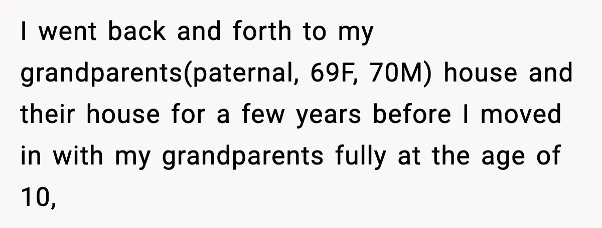 I went back and forth to my grandparents(paternal, 69F, 70M) house and their house for a few years before I moved in with my grandparents fully at the age of...