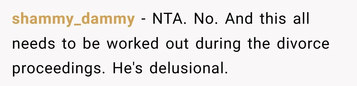 shammy_dammy − NTA. No. And this all needs to be worked out during the divorce proceedings. He's delusional.