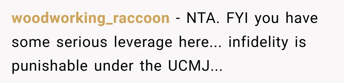 woodworking_raccoon − NTA. FYI you have some serious leverage here... infidelity is punishable under the UCMJ...