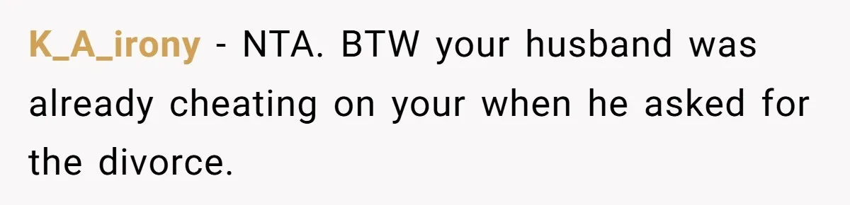 K_A_irony − NTA. BTW your husband was already cheating on your when he asked for the divorce.