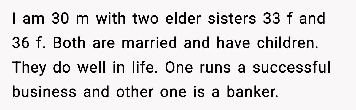 I am 30 m with two elder sisters 33 f and 36 f. Both are married and have children. They do well in life. One runs a successful business and...