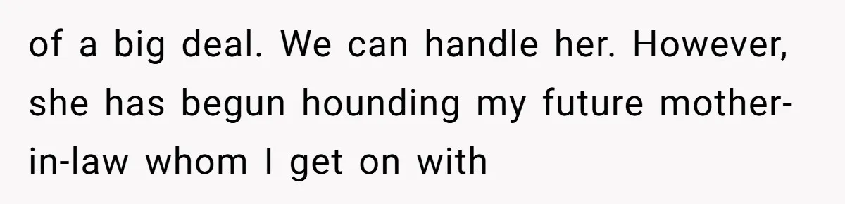 of a big deal. We can handle her. However, she has begun hounding my future mother-in-law whom I get on with