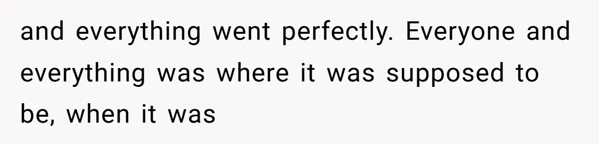 and everything went perfectly. Everyone and everything was where it was supposed to be, when it was
