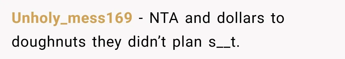Unholy_mess169 − NTA and dollars to doughnuts they didn’t plan s__t.