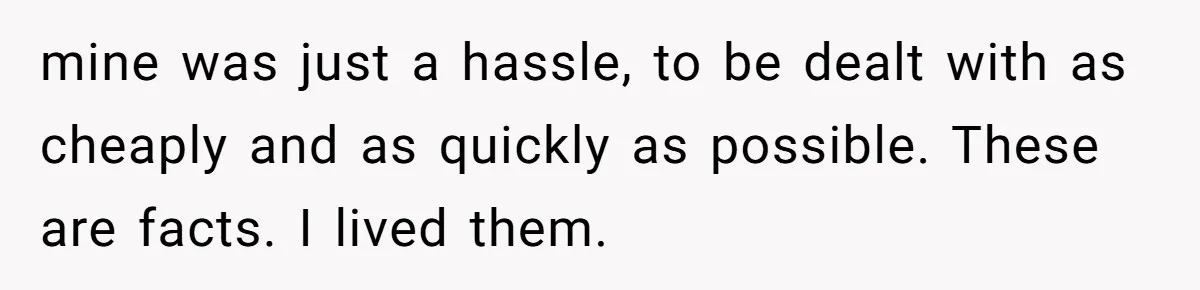 mine was just a hassle, to be dealt with as cheaply and as quickly as possible. These are facts. I lived them.