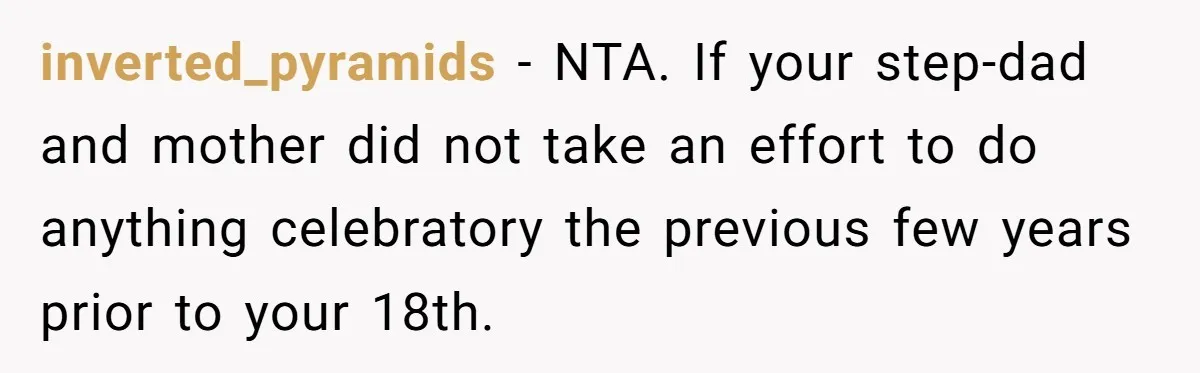inverted_pyramids − NTA. If your step-dad and mother did not take an effort to do anything celebratory the previous few years prior to your 18th.