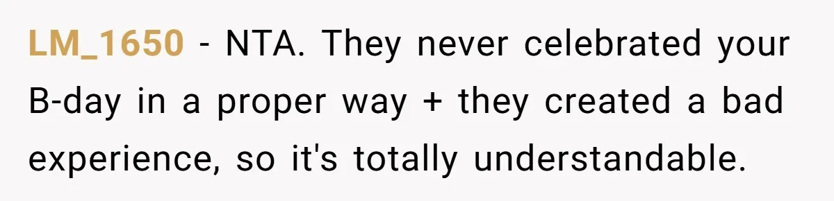 LM_1650 − NTA. They never celebrated your B-day in a proper way + they created a bad experience, so it's totally understandable.
