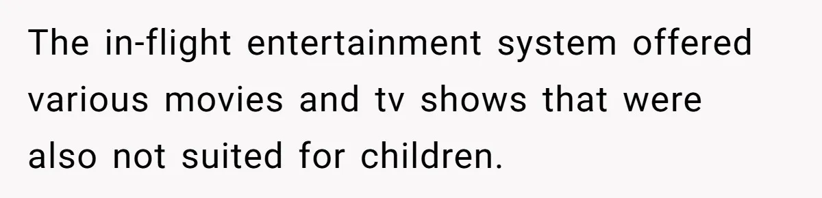 The in-flight entertainment system offered various movies and tv shows that were also not suited for children.
