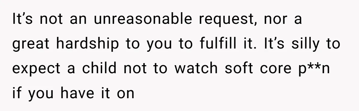 It’s not an unreasonable request, nor a great hardship to you to fulfill it. It’s silly to expect a child not to watch soft core p**n if you have it...