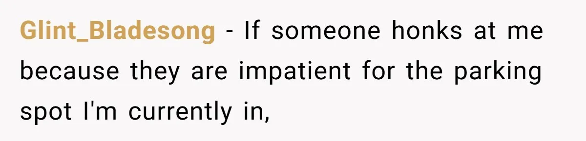 Impatient Driver Keeps Honking At Family Loading Kids, So Dad Teaches Her A Clever Parking Lesson Glint_Bladesong − If someone honks at me because they are impatient for the parking spot I'm currently in,