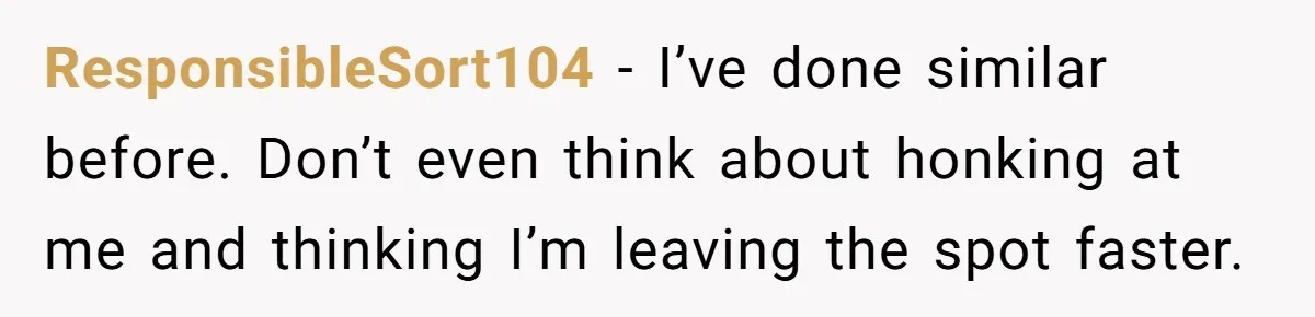 Impatient Driver Keeps Honking At Family Loading Kids, So Dad Teaches Her A Clever Parking Lesson ResponsibleSort104 − I’ve done similar before. Don’t even think about honking at me and thinking I’m leaving the spot faster.