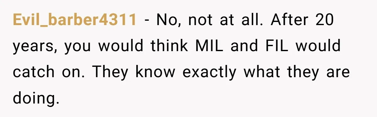 Evil_barber4311 − No, not at all. After 20 years, you would think MIL and FIL would catch on. They know exactly what they are doing.