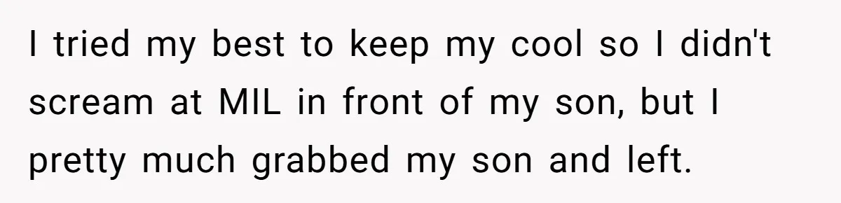 I tried my best to keep my cool so I didn't scream at MIL in front of my son, but I pretty much grabbed my son and left.