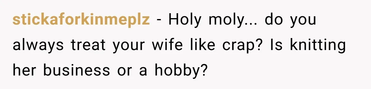 stickaforkinmeplz − Holy moly... do you always treat your wife like crap? Is knitting her business or a hobby?