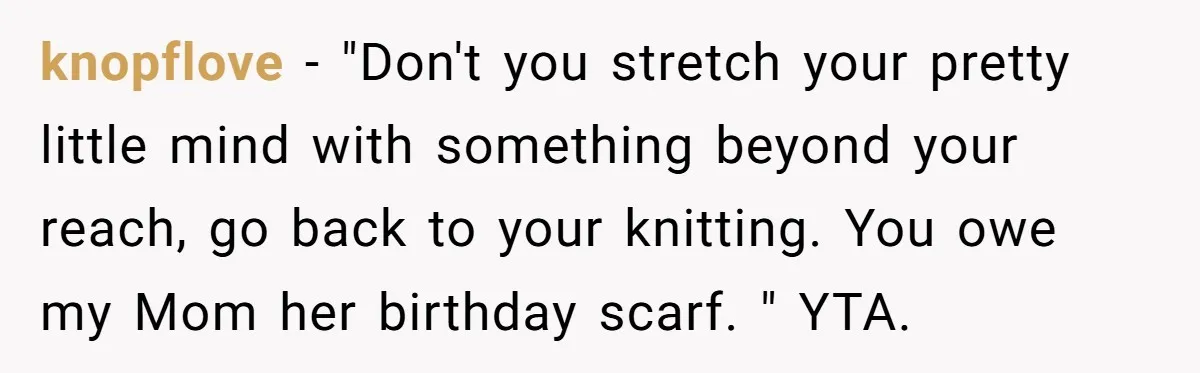 knopflove − "Don't you stretch your pretty little mind with something beyond your reach, go back to your knitting. You owe my Mom her birthday scarf. " YTA.