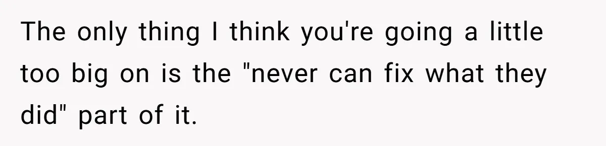 The only thing I think you're going a little too big on is the "never can fix what they did" part of it.