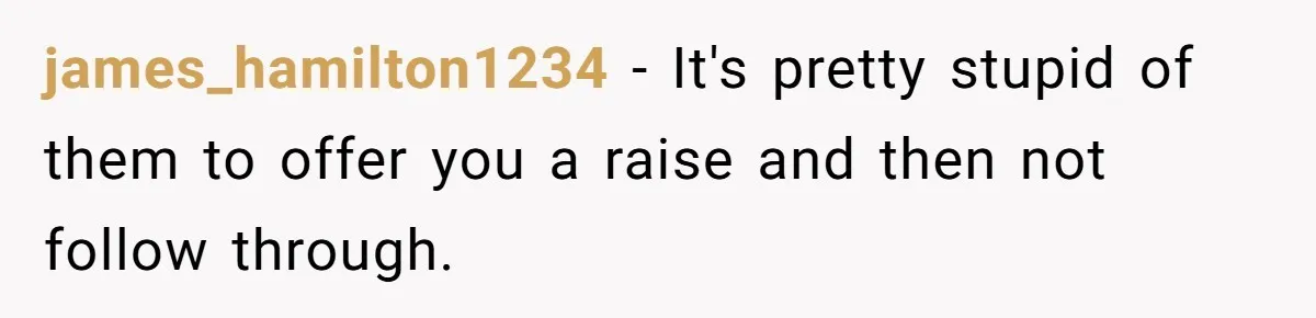 james_hamilton1234 − It's pretty stupid of them to offer you a raise and then not follow through.