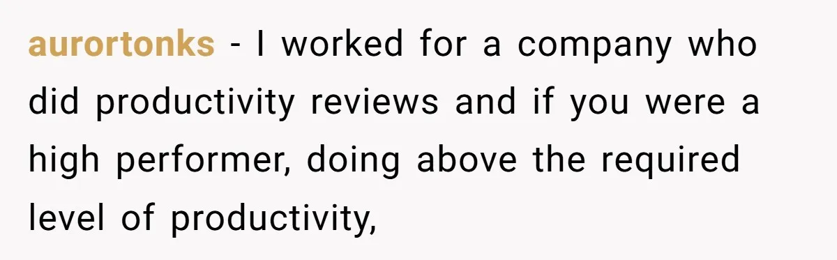aurortonks − I worked for a company who did productivity reviews and if you were a high performer, doing above the required level of productivity,