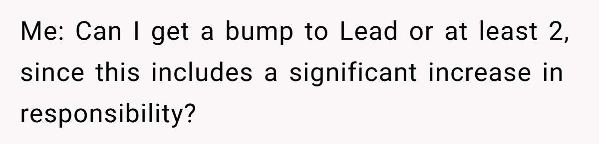 Me: Can I get a bump to Lead or at least 2, since this includes a significant increase in responsibility?