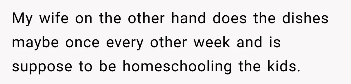 My wife on the other hand does the dishes maybe once every other week and is suppose to be homeschooling the kids.