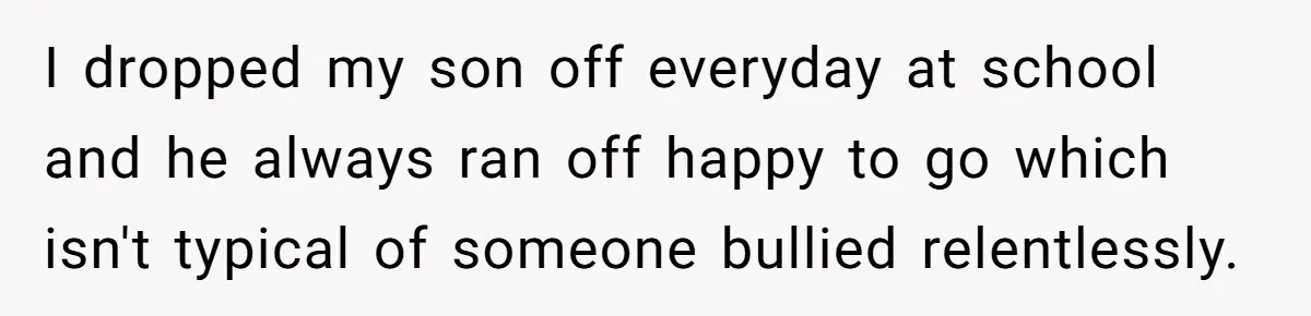 I dropped my son off everyday at school and he always ran off happy to go which isn't typical of someone bullied relentlessly.
