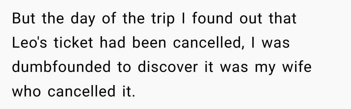 But the day of the trip I found out that Leo's ticket had been cancelled, I was dumbfounded to discover it was my wife who cancelled it.
