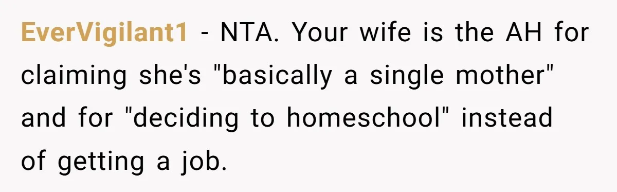 EverVigilant1 − NTA. Your wife is the AH for claiming she's "basically a single mother" and for "deciding to homeschool" instead of getting a job.